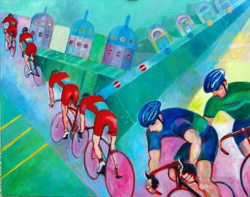Sport Painting - red cyclists smithfield impressionist